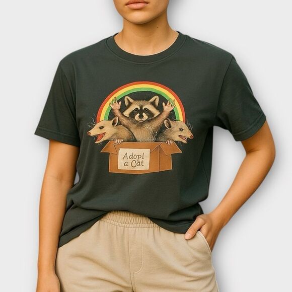 ROMWE Tops - Romwe Ladies Gray Graphic Cat Tee Raccoon and Opossum Funny T Shirt Size XL